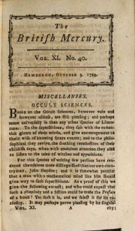 The British mercury or annals of history, politics, manners, literature, arts etc. of the British Empire. 11. 1789, Nr. 40 - 52 (Okt. - Dez.)