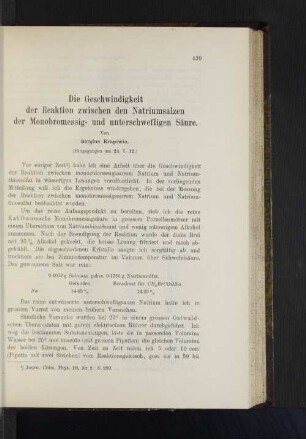 Die Geschwindigkeit der Reaktion zwischen den Natriumsalzen der Monobromessig- und unterschwefligen Säure.