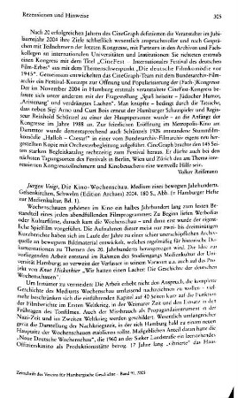 Voigt, Jürgen :: Die Kino-Wochenschau, Medium eines bewegten Jahrhunderts, (Hamburger Hefte zur Medienkultur, 1) : Schwelm, Ed. Archaea, 2004
