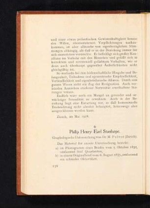 4. Philip Henry Earl Stanhope. Graphologische Untersuchung von Dr. M. Pulver (Zürich).