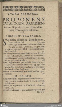 Index Secundus. Proponens Catalogum Argumentorum Sophisticorum, secundum locos Theologicos collectorum