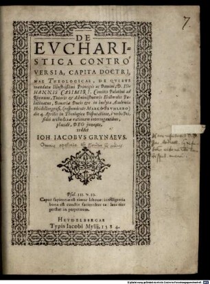 De Evcharistica Controversia Capita Doctrinae Theologicae