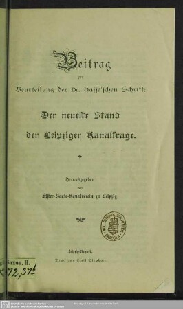 Beitrag zur Beurteilung der Dr. Hasse̕ schen Schrift: Der neueste Stand der Leipziger Kanalfrage