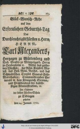 Eine Glückwunsch-Rede auf den Geburths-Tag des Durchl. Hertzogs Carl Alexanders zu Würtemberg.