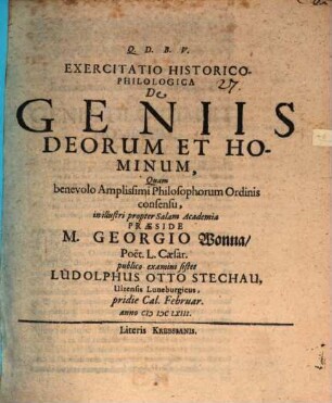 Exercitatio Historico-Philologica De Geniis Deorum Et Hominum