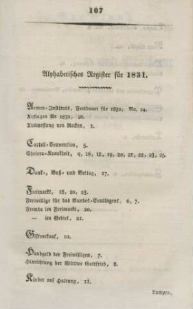Alphabetisches Register für 1831