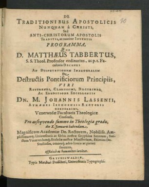 De Traditionibus Apostolicis Nunquam a Christi, Sed Anti-Christorum Apostolis Traditis, ac noviter Inventis Programma