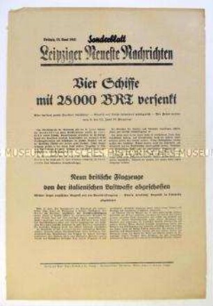 Sonderblatt der "Leipziger Neuesten Nachrichten" zu deutschen Luftangriffen auf britische Handelsschiffe