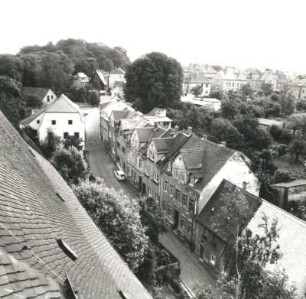Colditz. Tiergartenstraße mit Wohnhaus (Städtisches Museum Colditz), Nr. 1. Blick vom Turm der Stadtkirche St. Egidien