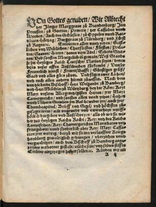 Von Gottes genaden/ Wir Albrecht der Jünger Marggrave zu Brandenburg ...