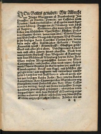 Von Gottes genaden/ Wir Albrecht der Jünger Marggrave zu Brandenburg ...