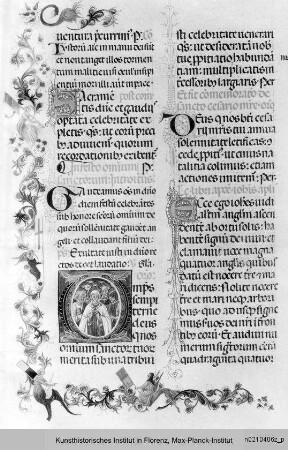 Missale Romanum : Textseite mit belebter, floraler Randseitenbordüre, ornamentierten und einer historisierten Initiale O: Pfingsten