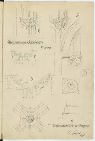 Alte Pfarrkirche, Regensburg: Details Schlusssteine, Konsolen, Kapitelle, Empore (aus: Skizzen- und Fotoalbum 2)