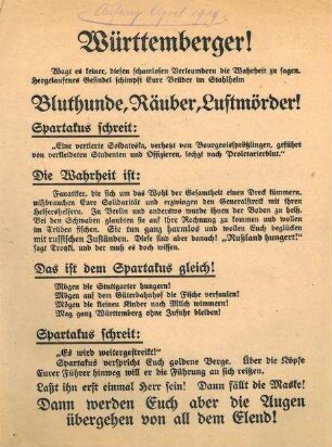 "Württemberger!" antispartakistisches Flugblatt