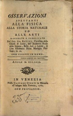 Osservazioni spettanti alla fisica, alla storia naturale ed alle arti. 1780, Apr.