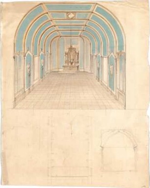Reiffenstuel, Michael; Betsaal - Grundriss, Perspektive, Schnitt
