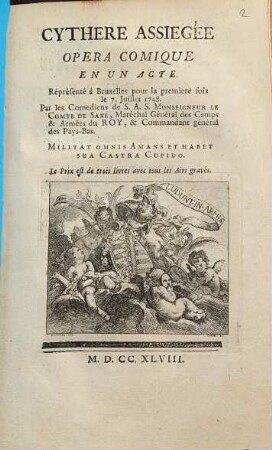 Cythere Assiégée : Opera-comique ; Réprésenté à Bruxelles pour la première fois le 7. Juillet 1748
