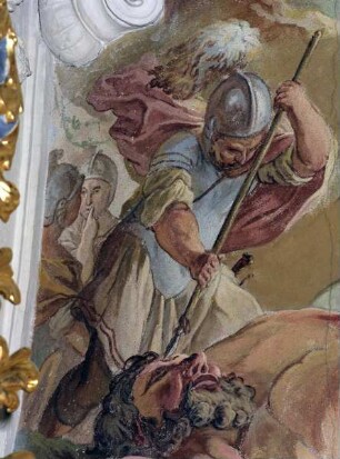 "Vera sapientia demonstratur", Allegorien der Weisheit mit Bezug auf die Klosterbibliothek — "Melior est sapientia quam vires" (Weisheit Salomos, 6:1), (Odysseus und der Zyklop ?)