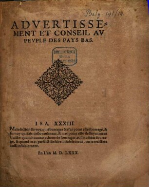 Avertissement et conseil au peuple des pays bas ...