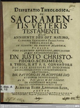 Disputatio theologica, de sacramentis veteris testamenti