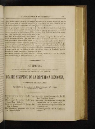 Cuadro sinoptico de la Republica Mexicana, conforme al Dictamen