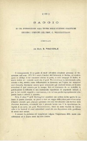 Saggio di una introduzione alla Teoria delle funzioni analitiche secondo i principii del Prof. C. Weierstrass.