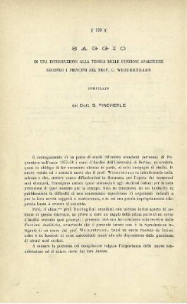 Saggio di una introduzione alla Teoria delle funzioni analitiche secondo i principii del Prof. C. Weierstrass.