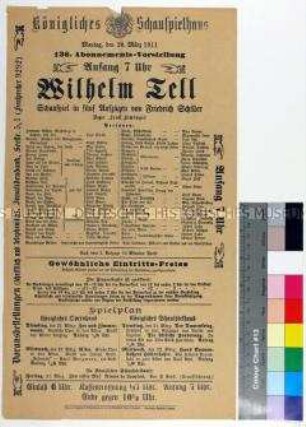 Programm des Königlichen Schauspielhauses Dresden für die Aufführung von "Wilhelm Tell" am 20. März 1911