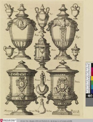 [Nouveaux Livre d'Orfevrerie Inventé Par Marot Architecte du Roy fait avec Previllege des États Generax des Provinces Unie; Entwürfe von Flakons und Vasen]