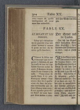 Fable XX. Le milan et les pigeons. Der Geyer und die Tauben.