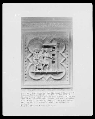 Tür — Zyklus mit Darstellungen aus dem Leben Johannes des Täufers und mit Tugenddarstellungen — rechter Flügel, 1. Reihe von oben, rechtes Relief: Johannes wird ins Gefängnis geführt