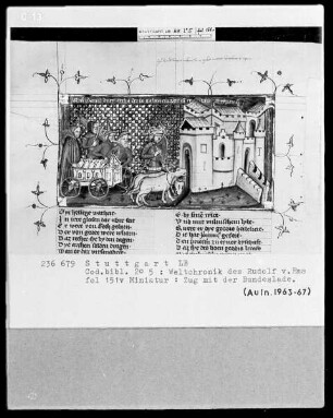 Weltchronik des Rudolf von Ems — Textseite mit zwei Miniaturen, Folio 151verso