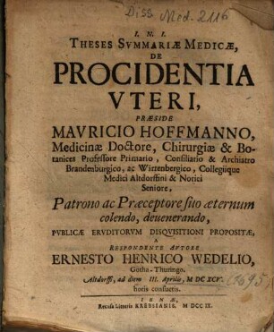 Theses Svmmariae Medicae, De Procidentia Vteri