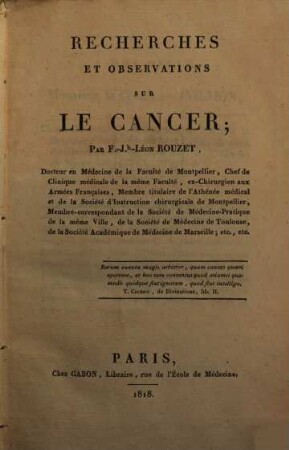 Recherches et observations sur le Cancer
