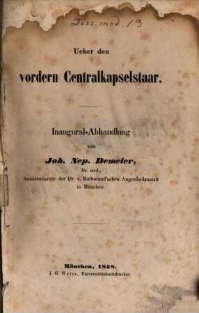 Ueber den vordern Centralkapselstaar : Inaugural-Abhandlung