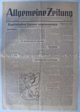 Tageszeitung der US-Armee für Berlin "Allgemeine Zeitung" u.a. zur Kapitulation Japans