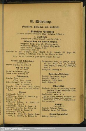 III. Abtheilung. Behördenverzeichnis : III. Abtheilung. Behörden, Anstalten und Institute