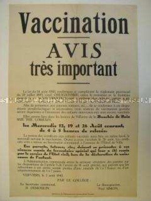 Maueranschlag für das besetzte Belgien mit der Bestimmung für Pockenimpfung (einsprachig)