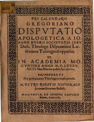 Pro Calendario Gregoriano Dispvtatio Apologetica
