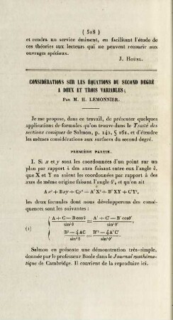 Considérations sur les équations du second degré a deux et trois variables.