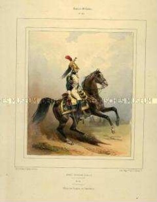 Uniformdarstellung, Offizier des Dragoner-Regiments "Kaiserin" zu Pferd, Kaiserreich Frankreich, 1804/1812. Tafel Nr. 168 aus: Galerie Militaire.