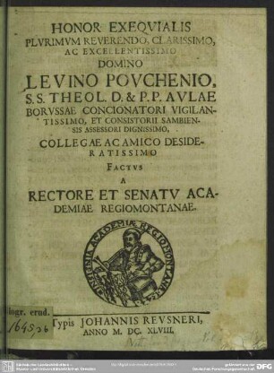 Honor exequialis ... Levino Pouchenio