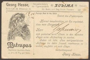 Werbepostkarte Georg Hesse, Generalvertretung der Cigarettenfabrik "Sulima" Dresden, Wilhelmstraße 15