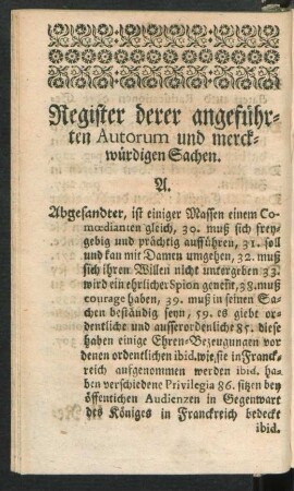 Register derer angefuehrten Autorum und merckwürdigen Sachen.
