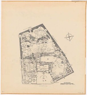 Druckvorlagen / Garten Dr. Meyer-Jagenberg, Düsseldorf: Eigenheimgarten H. in Düsseldorf mit 5750 qm (Garten eines kunstsinnigen Industriellen): Grundriss, Maßstabsleiste