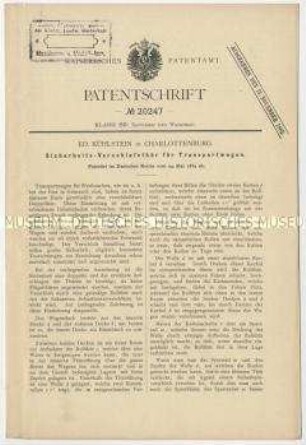 Patentschrift eines Sicherheitsverschlusses für Transportwagen, Patent-Nr. 20247