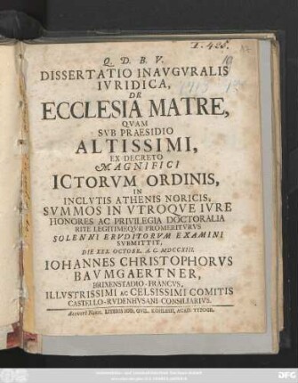Dissertatio Inavgvralis Ivridica, De Ecclesia Matre