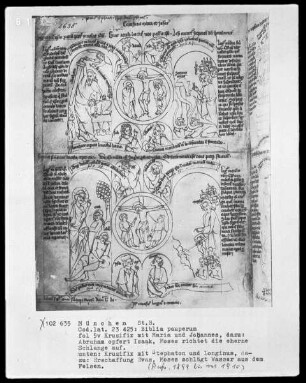 Biblia pauperum — Bildseite mit zwei Gruppen typologischer Szenen, Folio 5verso