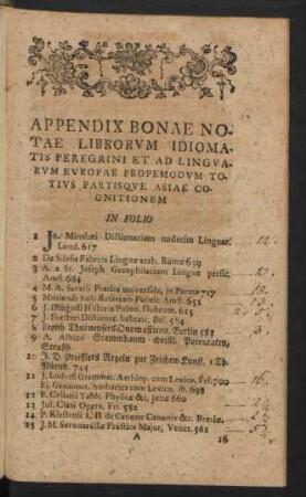 Appendix Bonae Notae Librorum Idiomatis Peregrini Et Ad Linguarum Europae Propemodum Totius Partisque Asiae Cognitionem