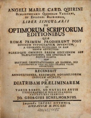 Liber singularis de optimorum scriptorum editionibus quae Romae primum prodierunt